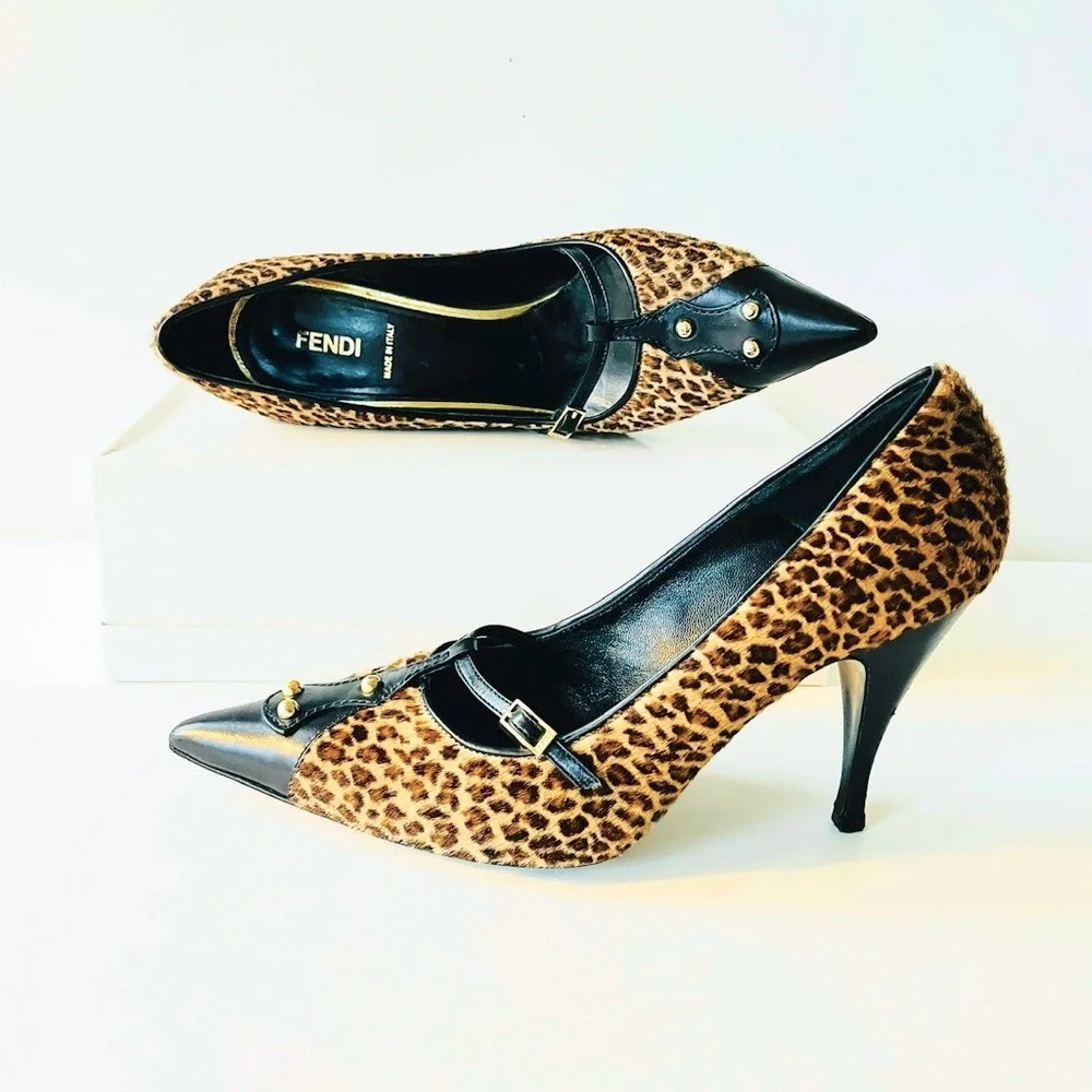 Fendi black tan calf hair animal print heels pumps 38